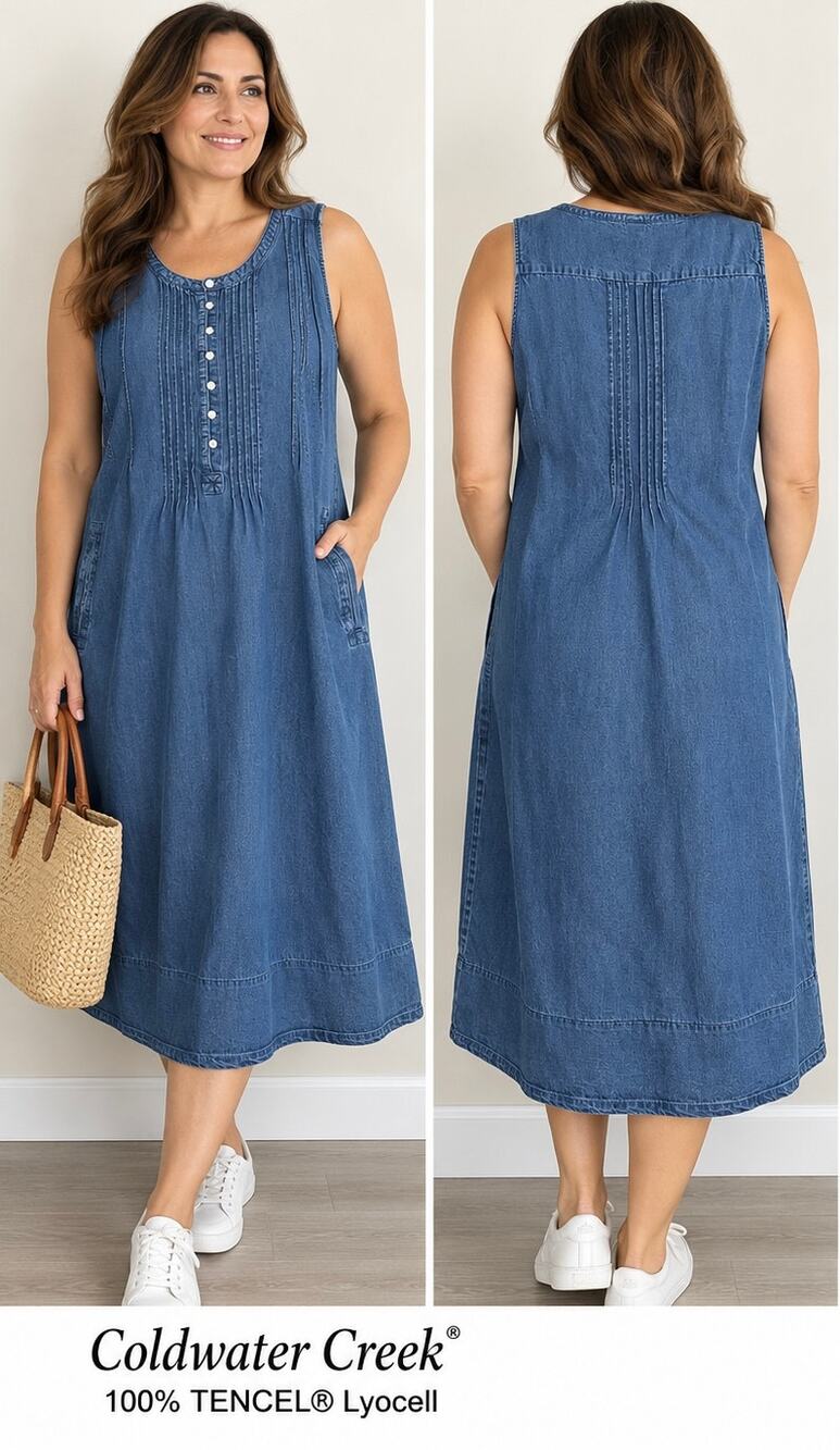 Coldwater Creek Women’s Tencel Denim Midi Dress Size L Sleeveless Pintuck NWT